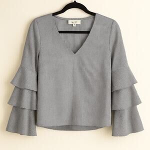 WAYF Tiered Flare Sleeve Blouse White Black Check V Neck Lined Womens Small